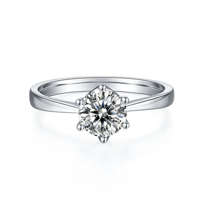 直臂新六爪S925银镀白金MoissaniteWomen's Ring1ctD级